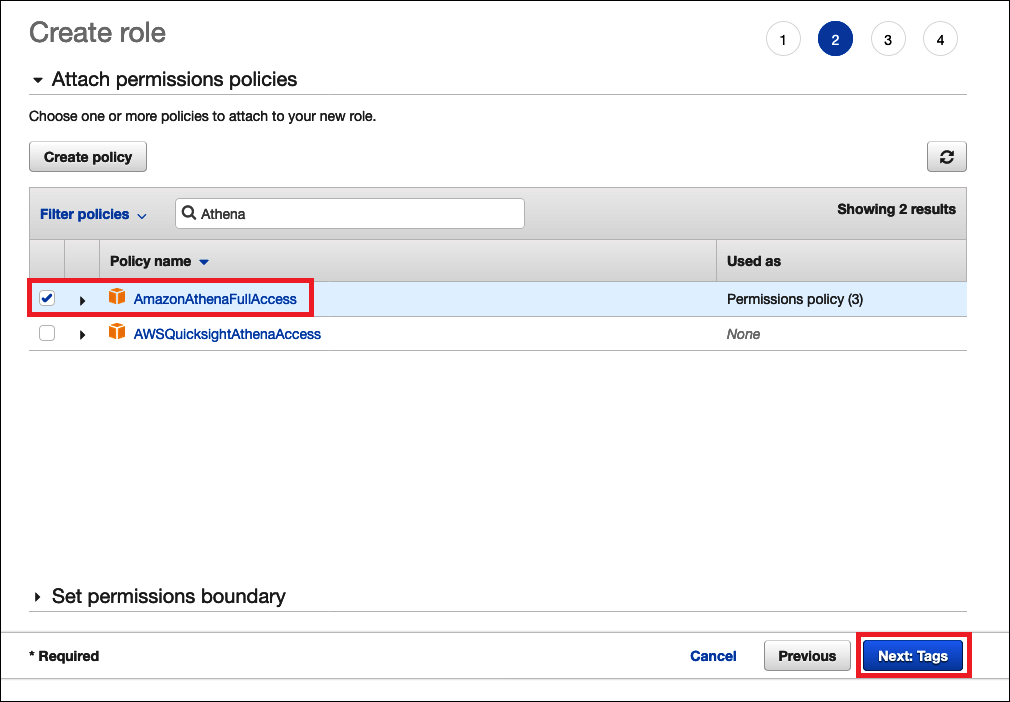 Allegare la policy AmazonAthenaFullAccessgestita al ruolo IAM.