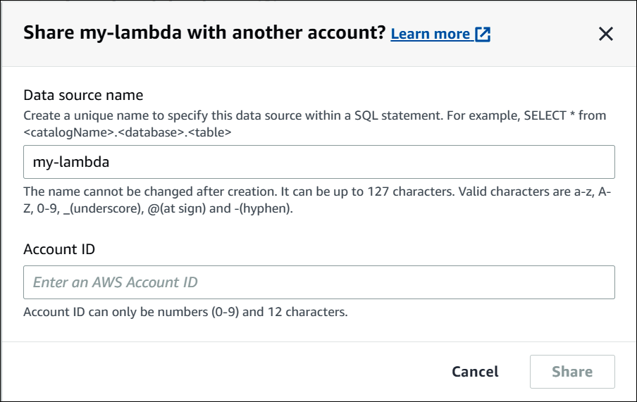 Inserisci il nome e l' Account AWS ID di una fonte di dati.