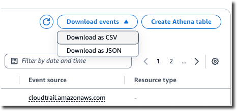 
      La pagina della cronologia degli  CloudTrail  eventi che mostra le opzioni di download
     