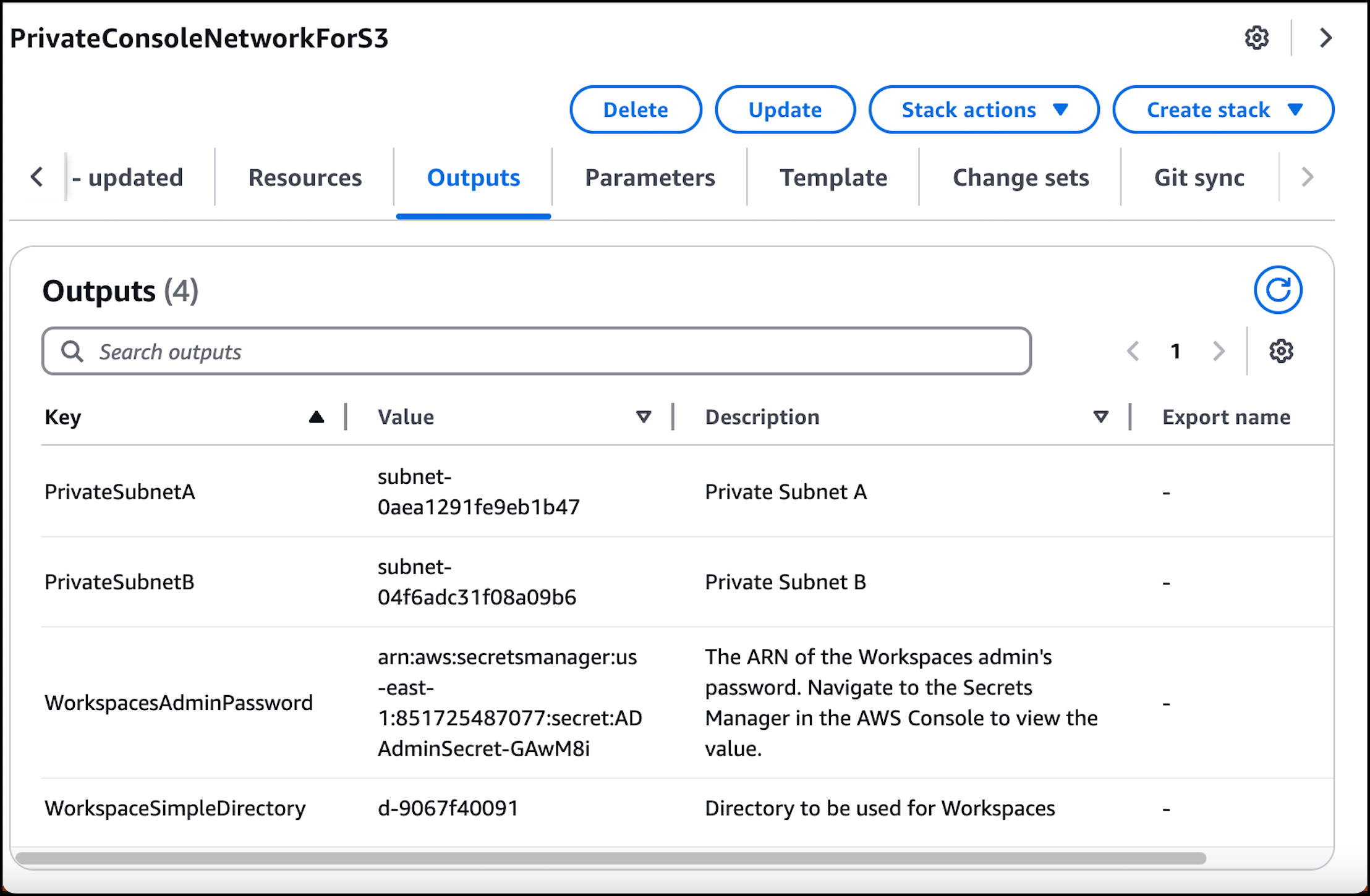 Le sottoreti private e Workspace Simple Directory e i valori corrispondenti.
