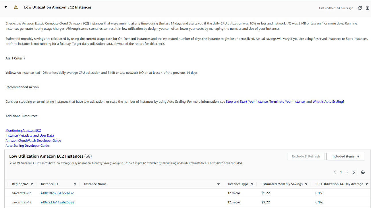 Il check-in delle EC2 istanze Amazon a basso utilizzo nella Trusted Advisor console.