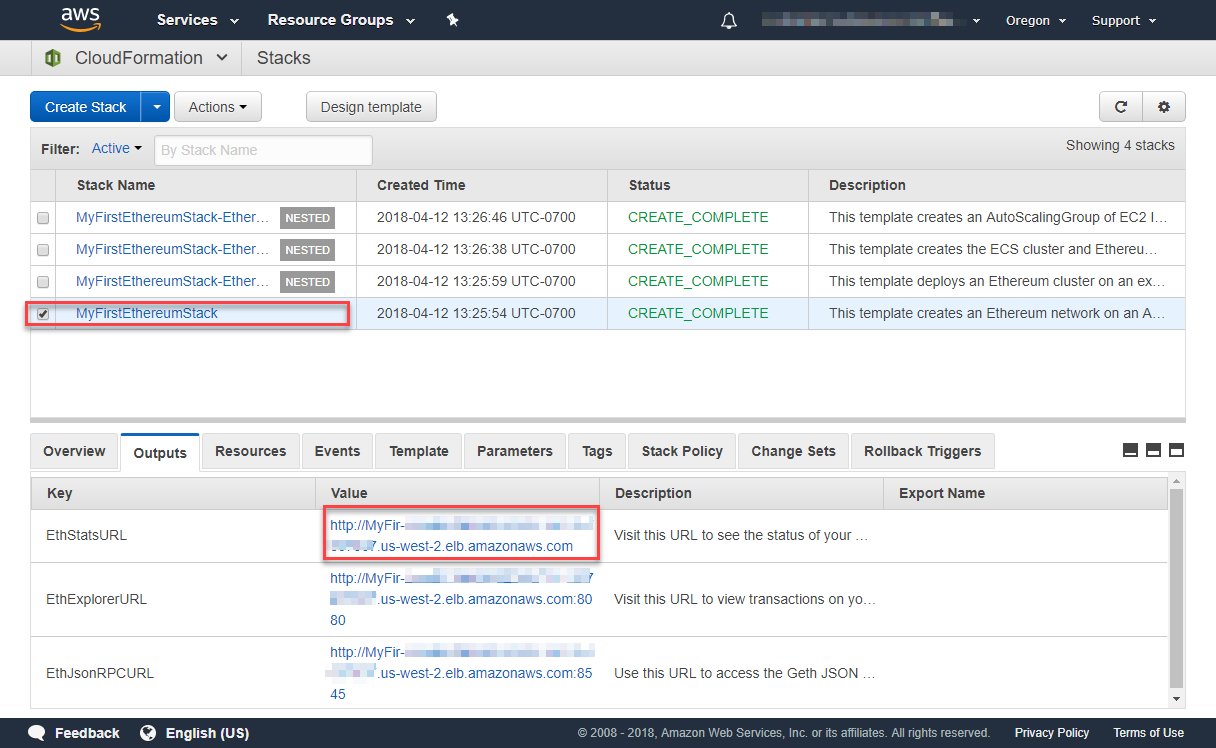 AWS CloudFormation console showing Ethereum network stack details and output URLs.