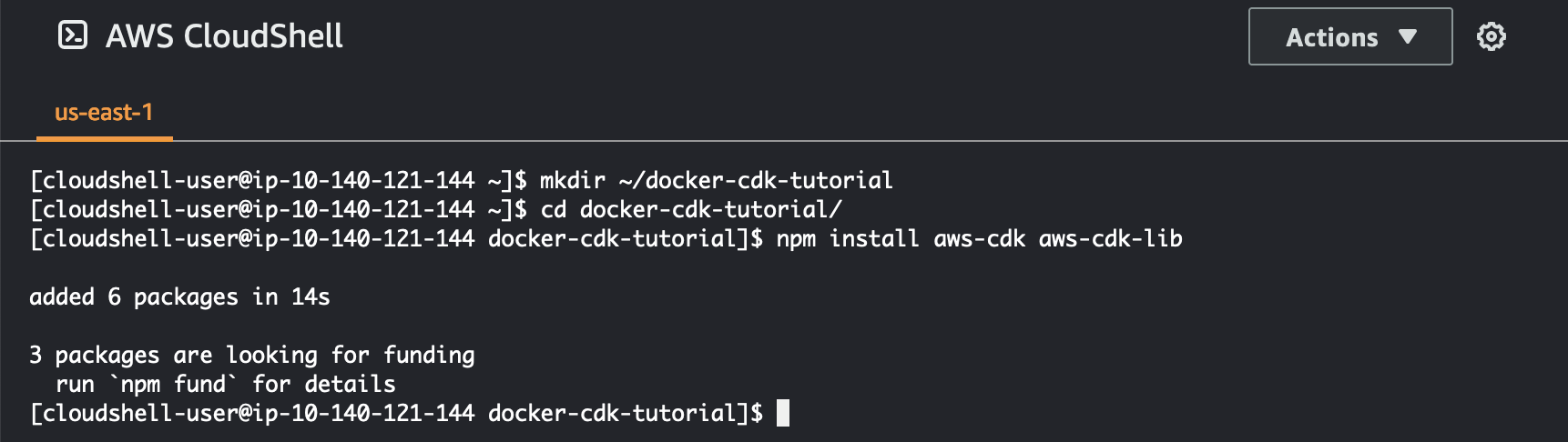 Immagine del comando usato per installare le AWS CDK dipendenze.