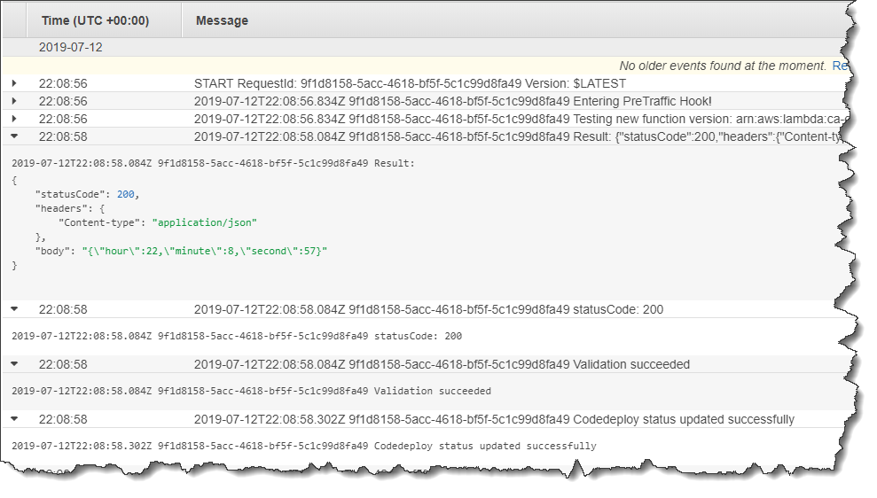 Il flusso di log di un CodeDeployHook gruppo di log.