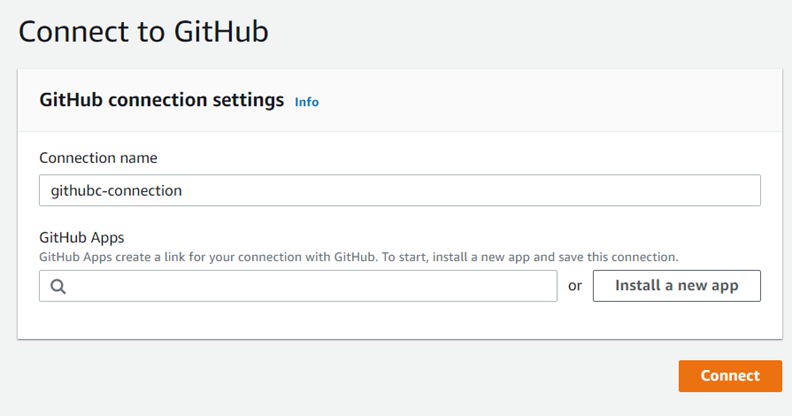 Schermata della console che mostra la pagina di GitHub connessione iniziale con il campo GitHub App.