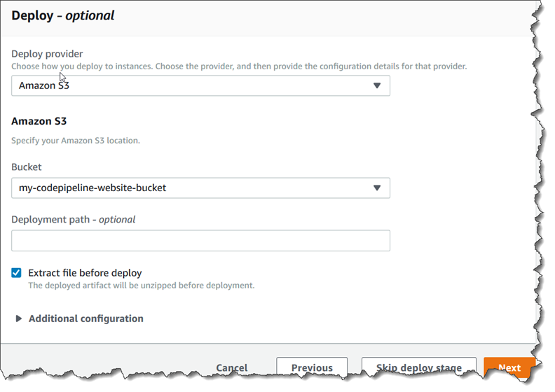 Passaggio 6: aggiungere la pagina della fase di distribuzione per un'azione di distribuzione di S3 con un'origine AWS CodeCommit