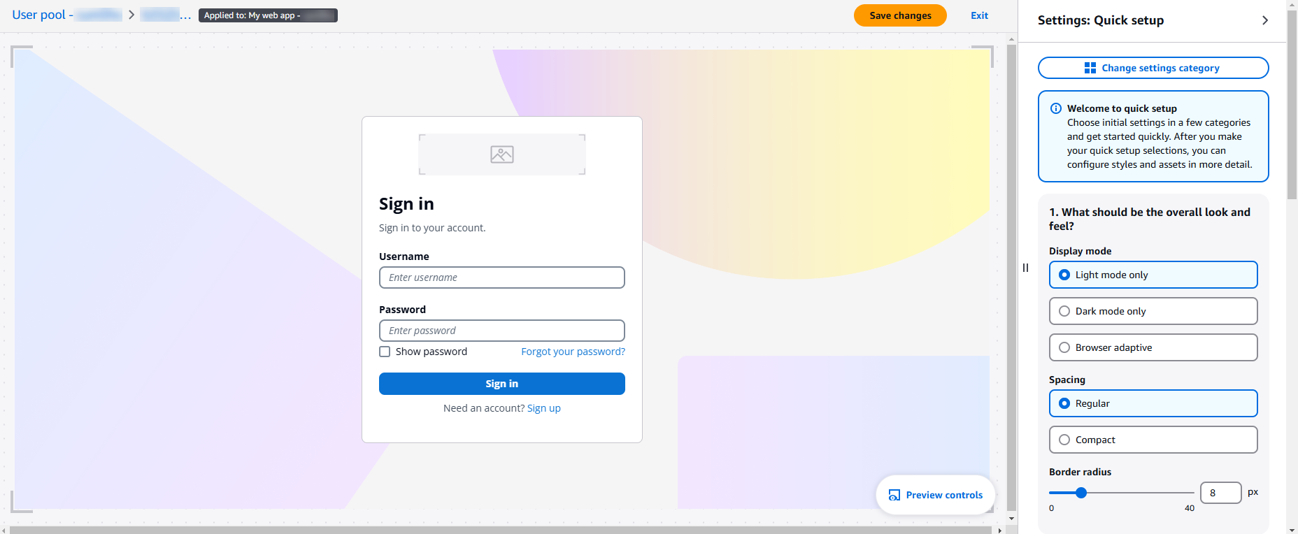 Un'anteprima dell'editor visivo dell'editor di branding per i pool di utenti di Amazon Cognito.