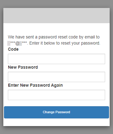 pagina dell'interfaccia utente ospitata per la password dimenticata con una richiesta di reimpostazione del codice e della nuova password