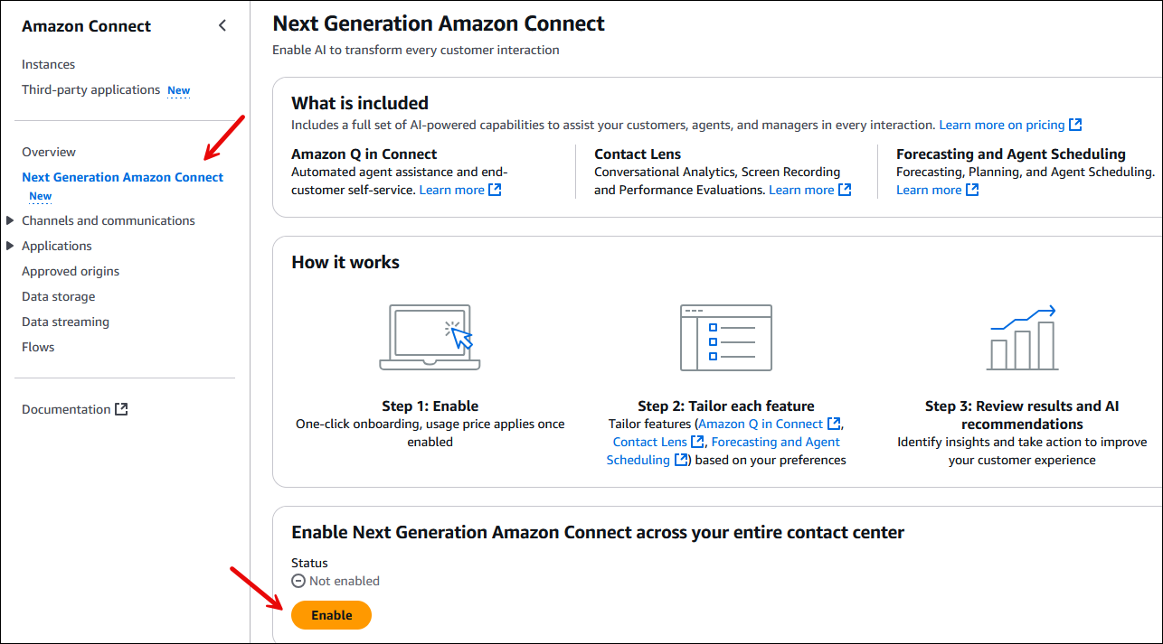La pagina Amazon Connect di nuova generazione, il pulsante Abilita.