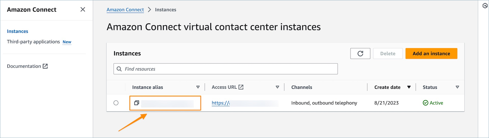 La pagina delle istanze dei contact center virtuali di Amazon Connect.