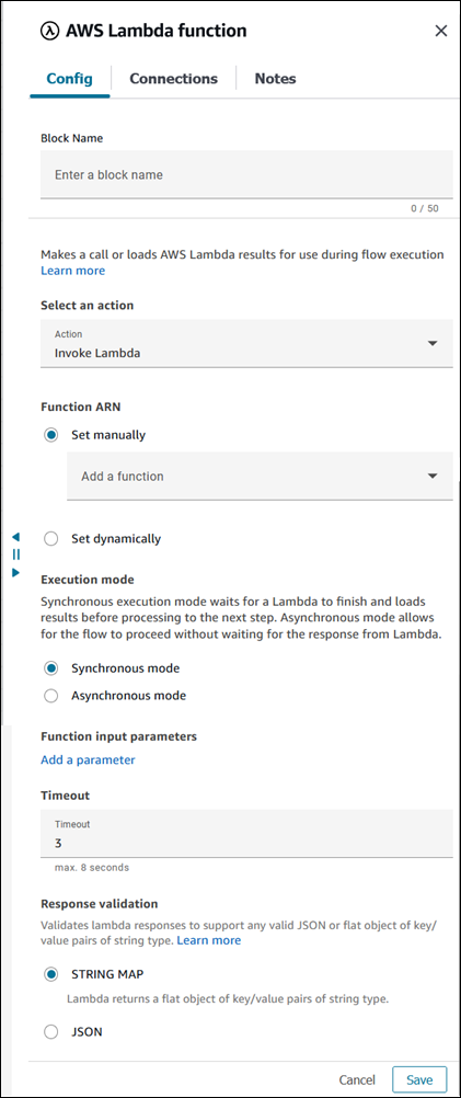 La pagina delle proprietà del blocco AWS Lambda funzionale.