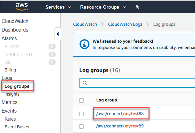 La CloudWatch console Amazon, sezione dei gruppi di log.
