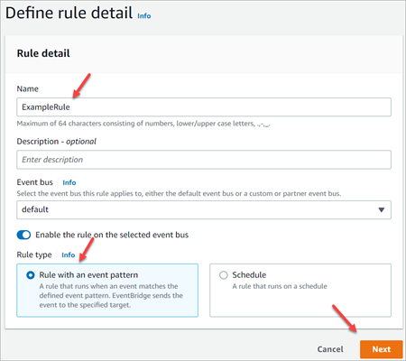 La pagina di dettaglio di definizione della regola nella EventBridge console.