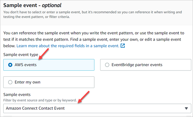 Nella sezione dedicata agli eventi di esempio, il tipo di evento di esempio è AWS events.