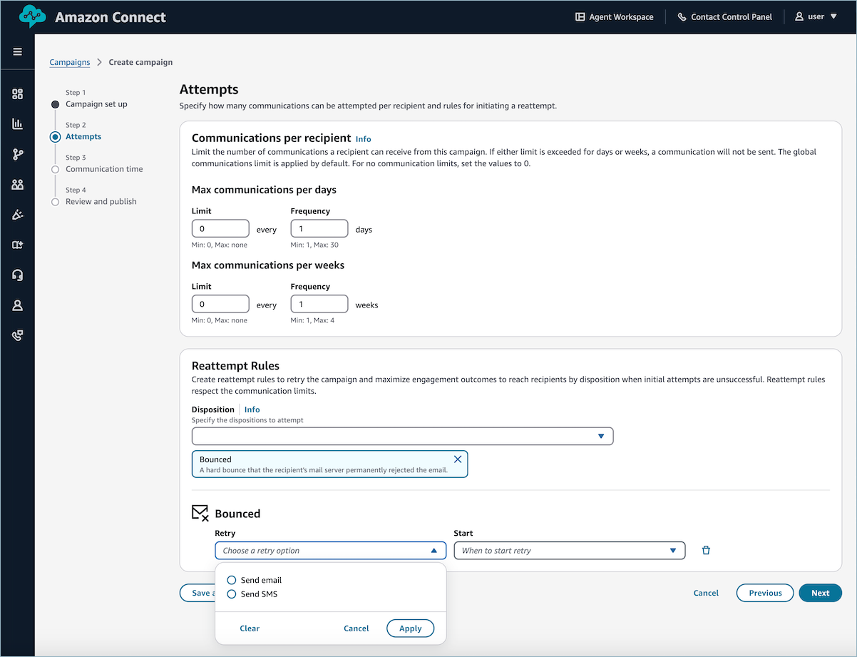 Pannello di configurazione delle regole di nuovo tentativo che mostra le impostazioni relative ai nuovi tentativi di contatto per i tentativi di contatto non riusciti.