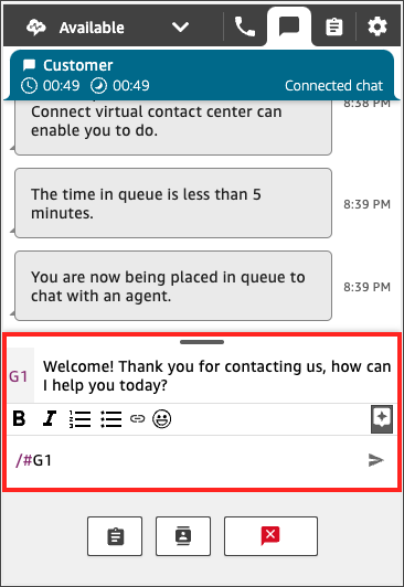 Immagine di una finestra di chat con un messaggio di benvenuto e/#G1.