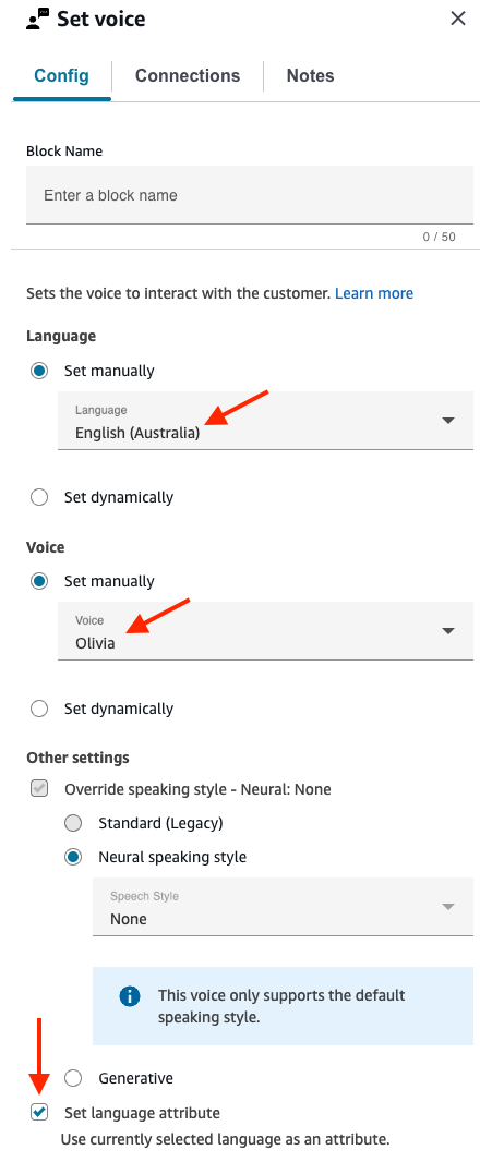 La pagina delle proprietà del blocco Imposta voce configurato per Inglese (Australia).