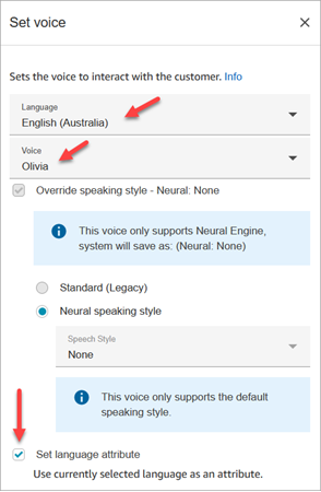 La pagina delle proprietà del blocco Imposta voce configurato per Inglese (Australia).