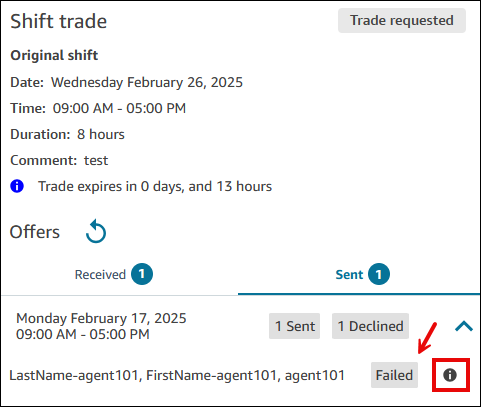 Il riquadro Shift trade, uno stato Non riuscito per un'offerta inviata.