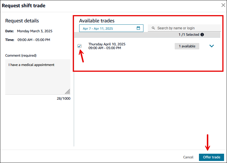 La finestra di dialogo Request shift trade, contiene le negoziazioni offerte da altri agenti.