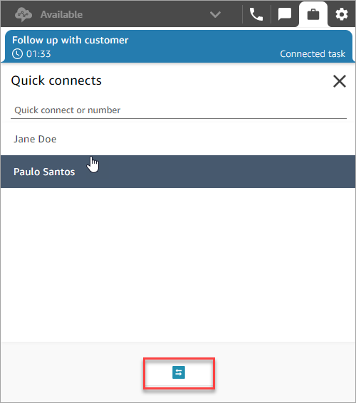 Pagina delle connessioni rapide, connessione rapida dell'agente, icona di trasferimento.