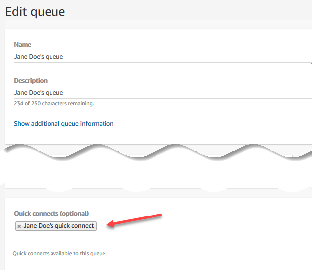 Pagina Modifica coda, menu a discesa Connessioni rapide con la connessione rapida di Jane Doe.