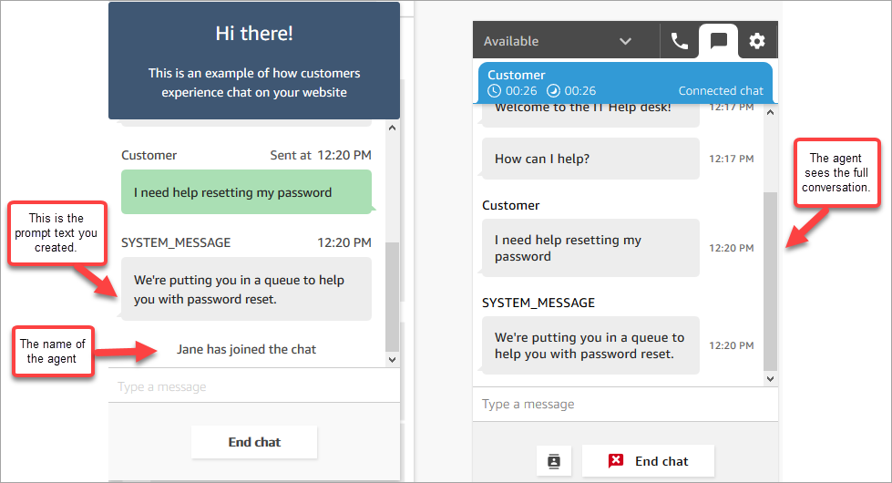 Widget di chat con richiesta di reimpostazione della password e visualizzazione CCP dell'agente.