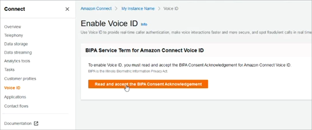 La pagina Enable Voice ID che mostra il pulsante di conferma del consenso del BIPA (Biometric Information Privacy Act) che gli utenti devono leggere e accettare prima di abilitare Voice ID.