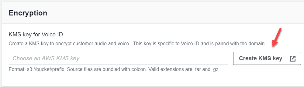 Sezione di crittografia della pagina di configurazione di Voice ID che mostra il pulsante «Crea chiave AWS KMS» per creare una nuova chiave di crittografia.
