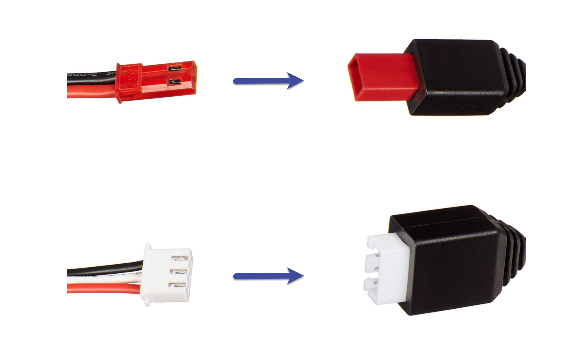 L'immagine mostra i colori corrispondenti dei connettori per la batteria del DeepRacer veicolo AWS e i cavi di sblocco della batteria.