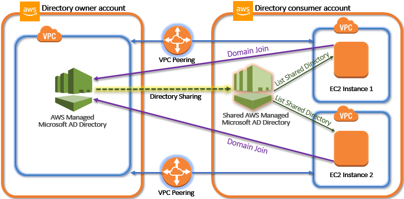 
            Due Microsoft AD AWS gestiti con condivisione di directory, aggiunta di domini e peering Amazon VPC.
        