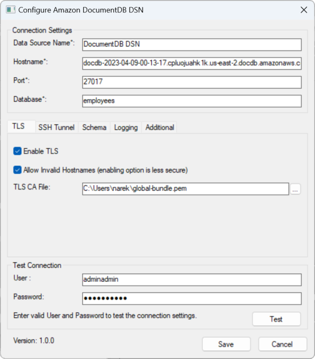 I campi Configure Amazon DocumentDB DSN with Connection Settings, TLS e Test Connection. Il pulsante Salva si trova in basso.