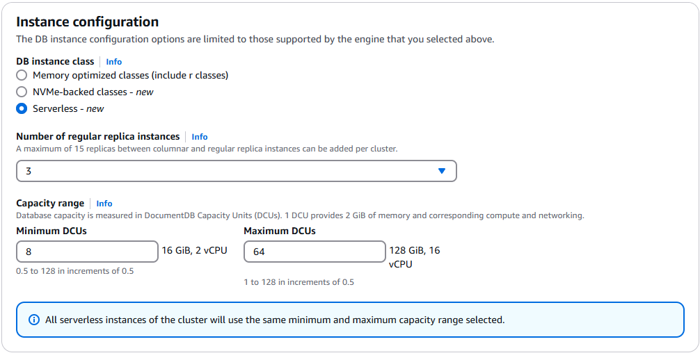 Modulo di configurazione per un cluster di database senza server con campi per esempio classe, istanze di replica e intervallo di capacità.