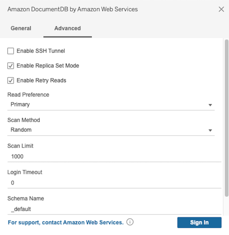 Scheda Advanced nell'interfaccia del connettore Amazon DocumentDB che mostra opzioni di connessione aggiuntive.