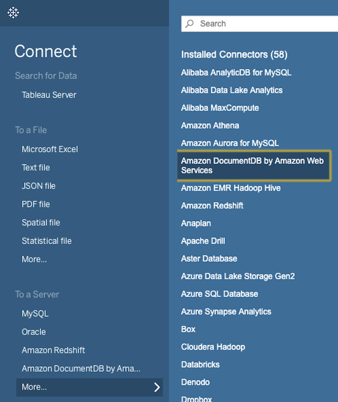 L'interfaccia Connect su Tableau Desktop mostra il sottomenu Altro... nella sezione Verso un server. L'opzione Amazon DocumentDB è evidenziata nel sottomenu Installed Connectors.