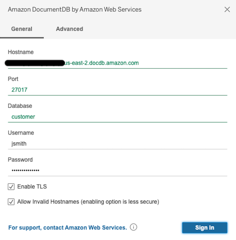 Scheda Generale nell'interfaccia del connettore Amazon DocumentDB che mostra i campi nome host, porta, database, nome utente e password.