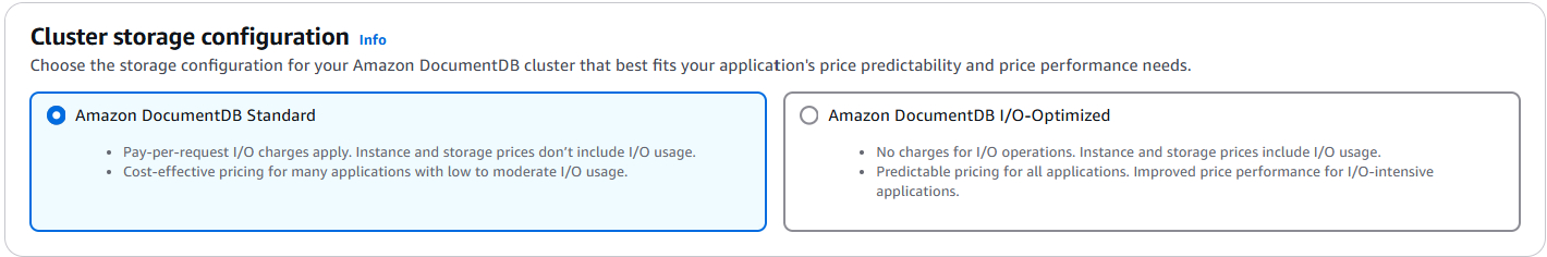 Selezione del tipo di storage con l'opzione Amazon DocumentDB Standard evidenziata e entrambi i tipi di storage descritti.