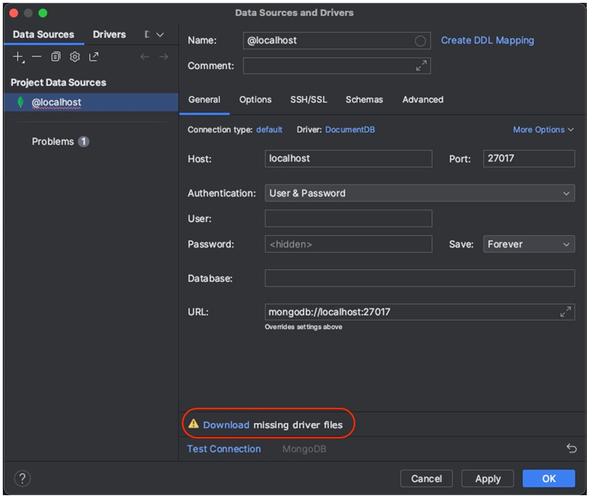 Interfaccia Data Sources and Drivers con il link Scarica i file dei driver mancanti evidenziato.
