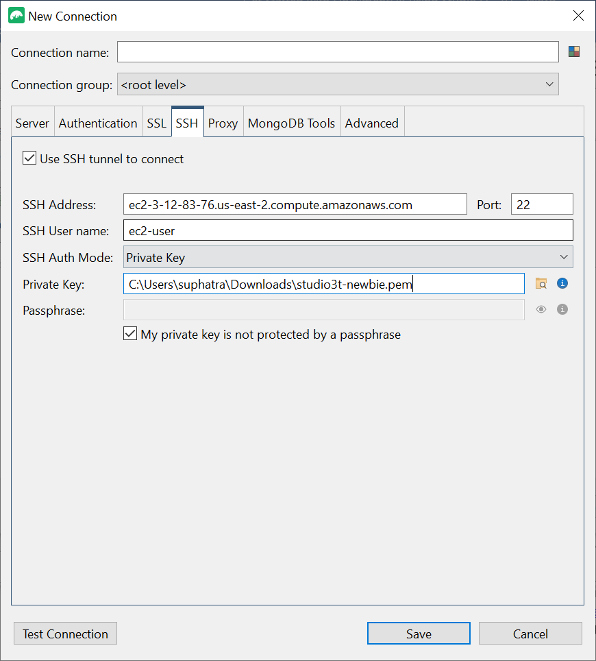 scheda SSH nell'interfaccia Nuova connessione con le credenziali del tunnel SSH inserite.