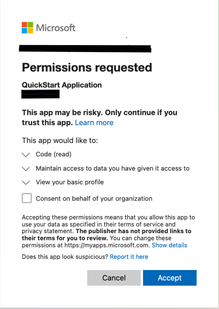 Schermata della richiesta di autorizzazioni Microsoft per i primi utenti durante la creazione di una connessione ad Azure. DevOps