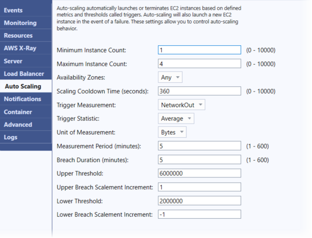 Schermata del pannello di configurazione di Auto Scaling in Visual Studio Toolkit per Elastic Beanstalk