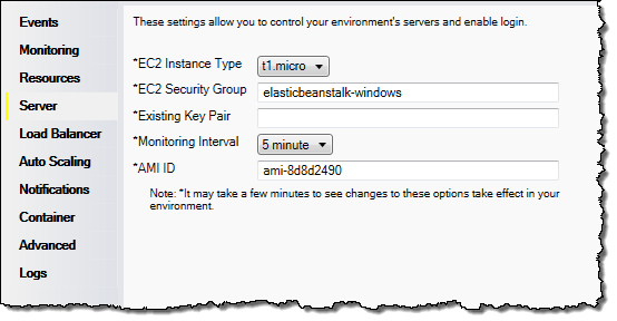 Pannello di configurazione dei server Elastic Beanstalk