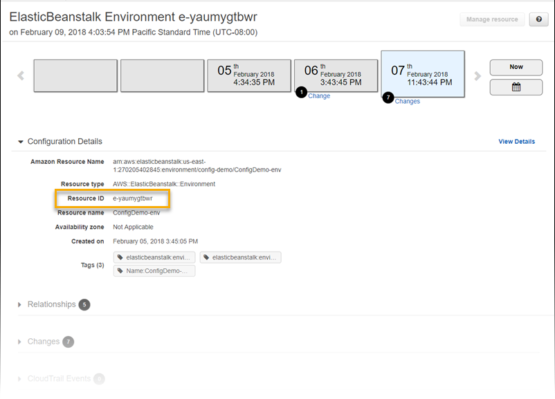
        AWS ConfigPagina dei dettagli delle risorse di configurazione  che mostra i dettagli di configurazione per un ambiente Elastic Beanstalk
      