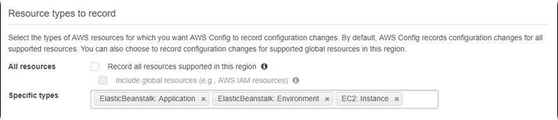 
        AWS ConfigPagina delle impostazioni di  che mostra i tipi di risorse selezionati per la registrazione
      