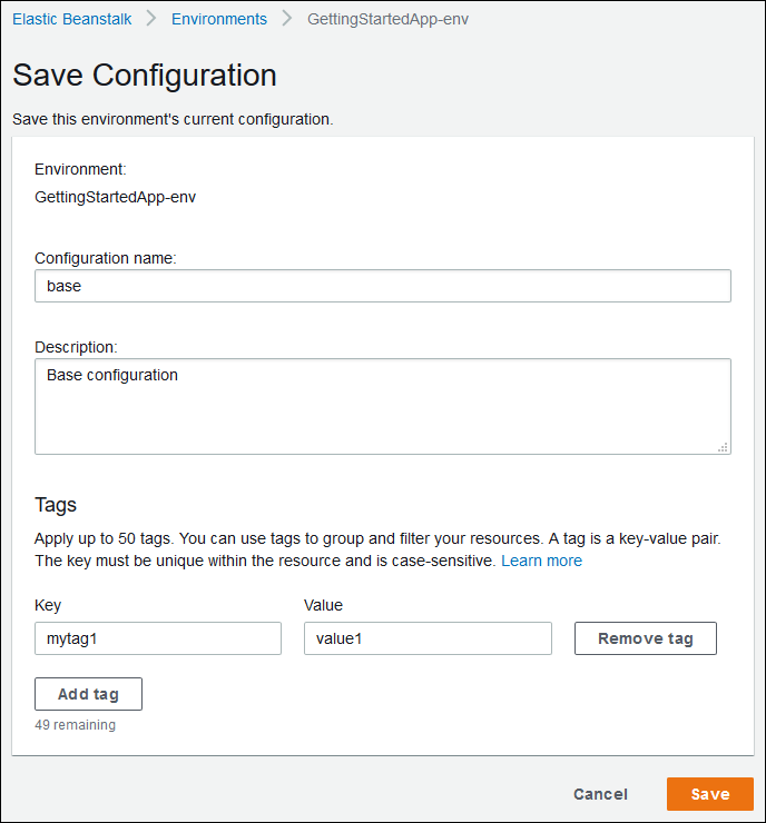 Pagina Save Configuration (Salva configurazione) nella console Elastic Beanstalk