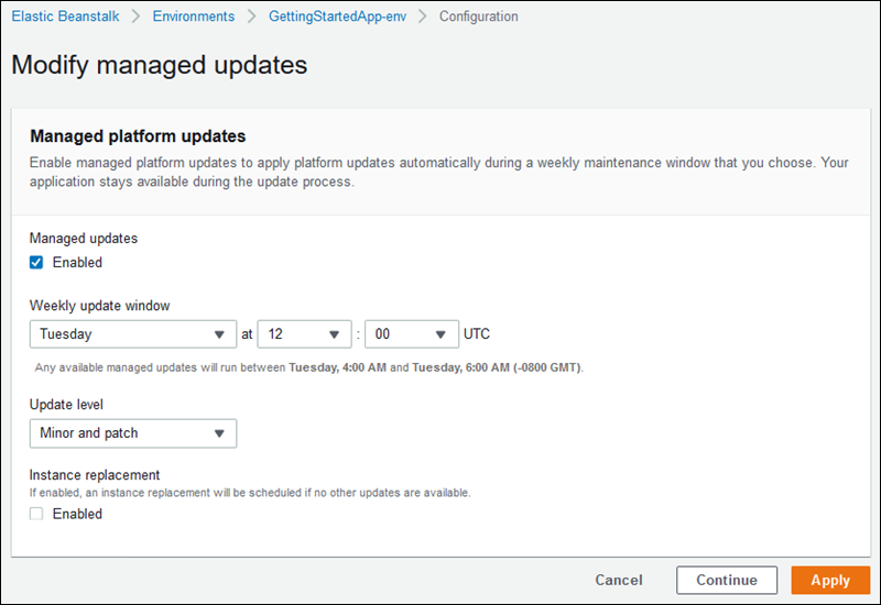 Pagina di configurazione Modify managed updates (Modifica degli aggiornamenti gestiti)