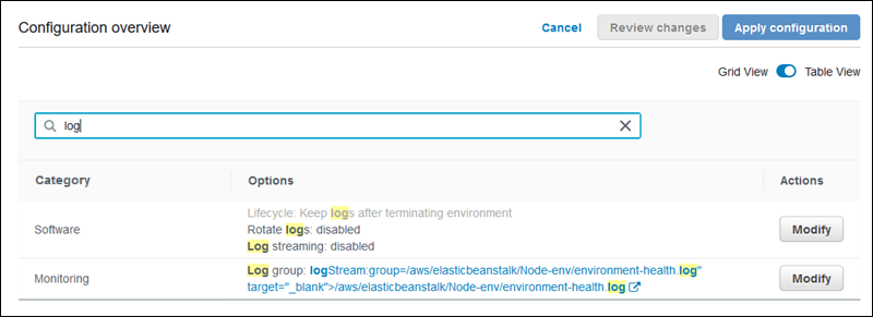 Visualizzazione tabella della pagina della panoramica della configurazione della console Elastic Beanstalk che mostra la ricerca di un'opzione