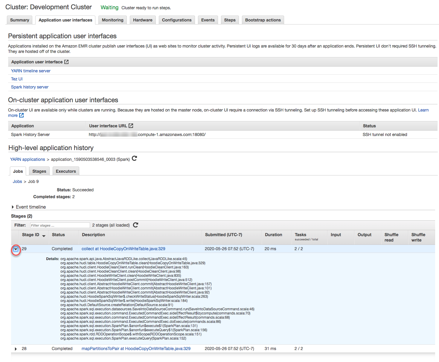 EMR cluster interface showing persistent and on-cluster application UIs, with job details and stages.