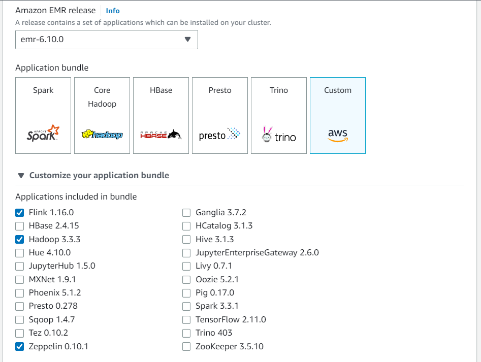 
                            Nella console Amazon EMR, personalizza il tuo bundle di applicazioni con l'opzione Personalizzato. Includi almeno Flink, Hadoop e Zeppelin nel tuo bundle
                        