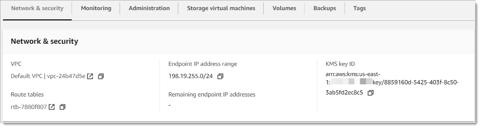 Il pannello Rete e sicurezza nella FSx console Amazon.